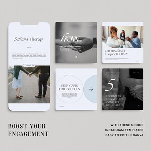 May include: A set of six Instagram post templates for couples therapy. The templates feature a white background with black text and images. The text includes "Schema Therapy", "How", "7 Myths About Couples Therapy", "Self Care for Couples", "5 Techniques to Navigate Conflict with Care", and "Boost Your Engagement".