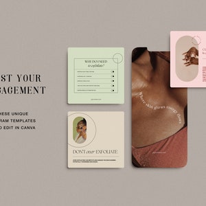 May include: Four Instagram story templates for a skincare brand. The templates feature a light green background with a list of reasons to exfoliate, a light beige background with a woman's face and the text "DON'T over EXFOLIATE", a light pink background with the text "CONSISTENCY is key", and a photo of a woman's shoulder with the text "Where skin glows energy flows".