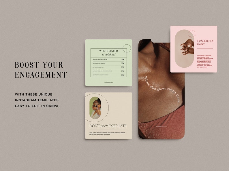 May include: Four Instagram story templates for a skincare brand. The templates feature a light green background with a list of reasons to exfoliate, a light beige background with a woman's face and the text "DON'T over EXFOLIATE", a light pink background with the text "CONSISTENCY is key", and a photo of a woman's shoulder with the text "Where skin glows energy flows".