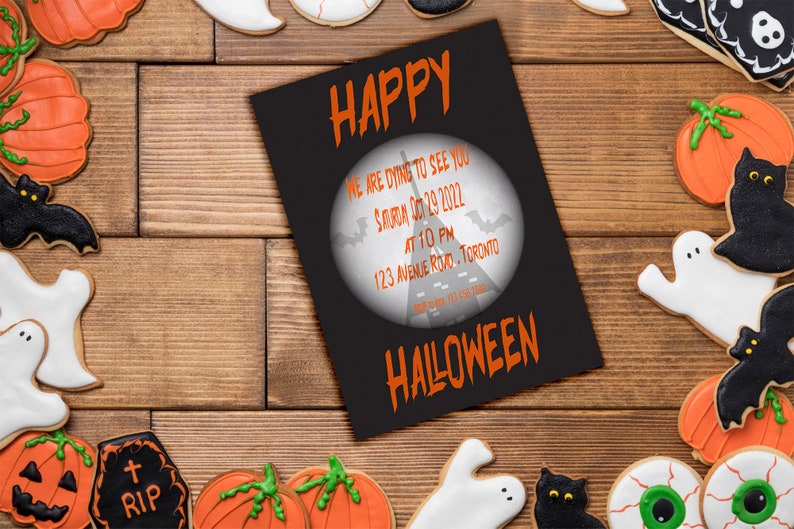 Halloween Party Invitation Black Orange Printable Instant Digital Download zdjęcie 2