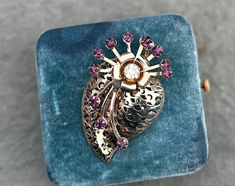Vintage 1950s 1960s RARITY Gold Tone and Purple Amethyst and Clear Rhinestone Floral Leaf Pendant or Brooch Pin 3D
