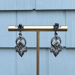 Vintage Sterling Silver Marcasite & Black Onyx Dangle Drop Earrings