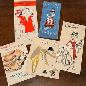 LOTTO DI 5 biglietti d'auguri d'addio di Mid-Century Travel Bon Voyage / Effimeri di viaggio vintage