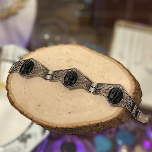 Rare Vintage Midcentury Silver Tone Black Cameo Head Three Panel Link Statement Bracelet