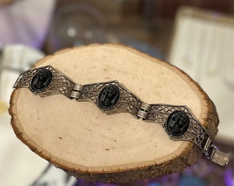 Rare Vintage Midcentury Silver Tone Black Cameo Head Three Panel Link Statement Bracelet