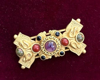 Vintage 1990s Signed NATASHA STAMBOULI Etruscan Revival 18k Gold Plated Amethyst Carnelian Onyx Agate Brooch Pin