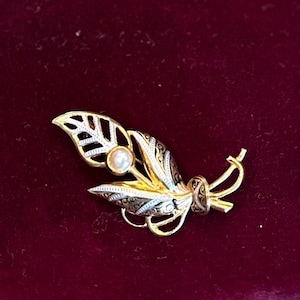 Vintage Spanish Damascene Toledo Gold Tone Silver Tone & Black with Faux Pearl Brooch Made in Spain