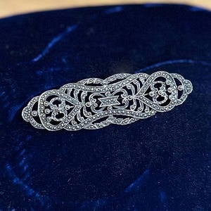 Vintage Art Deco Revival Sterling Silver & Marcasite Ornate Large Oblong Brooch Statement