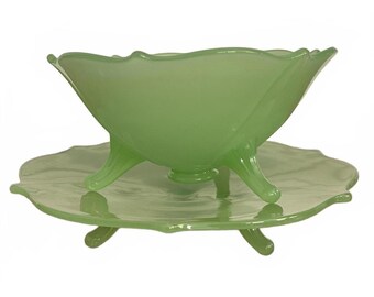 Vintage Jadeite Glass Lotus Footed Bowl & Footed Plate Set