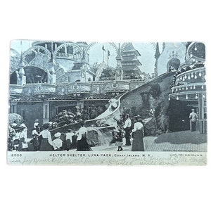 Postal topográfica antigua de 1905, con matasellos de Helter Skelter, Luna Park, Coney Island, Nueva York. Geo. P. Hall & Son, Nueva York.