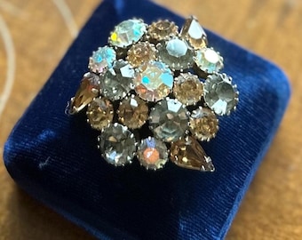 Vintage 1950s 1960s Signed KARU ARKE INC Topaz Smokey Aurora Borealis Rhinestone Brooch Midcentury