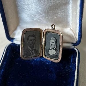 Antique 19th Century Victorian Gold Filled Hand Engraved Rectangular Locket 2 Tin Type Photos Husband & Wife Mourning