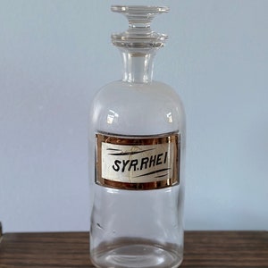 Antique Late 1800s Glass Apothecary Pharmacy Bottle CLC Co SYR. RHEI Syrup Medicine | Antique Pharmaceutical & Medical Supplies