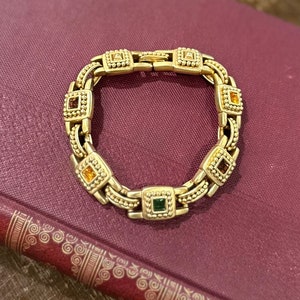 Vintage Oscar de la Renta Signed Byzantine Style Gold Tone Multicolor Faceted Square Rhinestones Link Bracelet 7.75&quot;