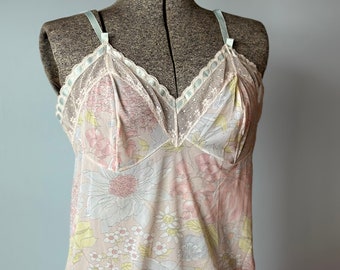 1960s Vintage Midcentury Sheer Pastel Floral Lace Trim Slip Dress Nightdress Lingerie with Adjustable Straps | RARE