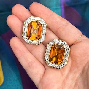 Vintage Signed LES BERNARD Large Faceted Orange Glass & Clear Rhinestone Gold Tone Octagonal Rectangle Statement Clip-on Earrings
