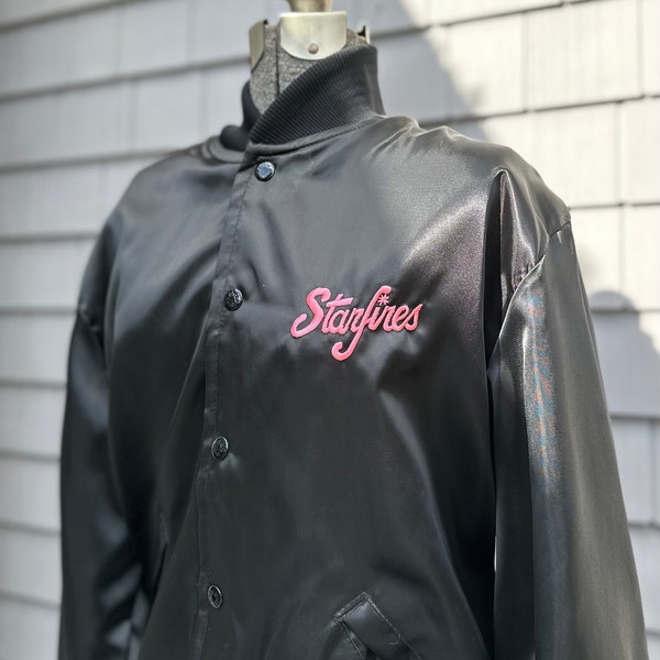 Vintage 1980s Birdie by Richard A. Leslie Black Satin Women's Bomber Jacket with Pink Embroidery Starfires Size Medium