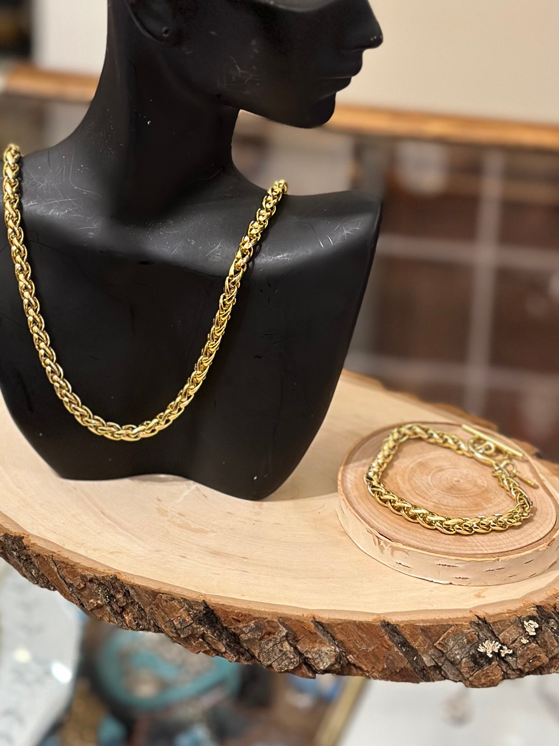 Vintage Signed JNY Jones New York Gold Tone Wheat Link Bracelet and Necklace Set
