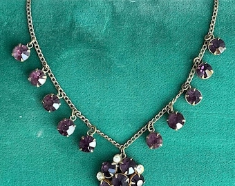 Antique Art Deco Faceted Purple & Clear Czech Glass Cluster Pendant Necklace 15.75” Circa 1920s Made in Czechoslovakia