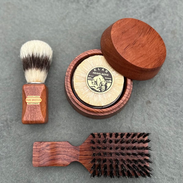 Vintage NEW West Germany Men's Wood Shaving Grooming Set | Boar Bristle Shaving Brush, KLAR Heidelberg Soap, Shaving Bowl, Tobacco Hairbrush