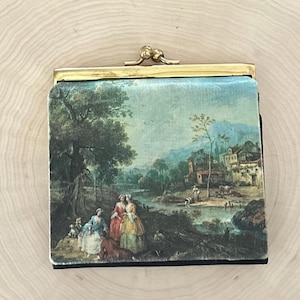 Vintage 1950s Italienische Gedruckte Seide Viktorianische Brautpaar Malerische Design Trifold Brieftasche Geldbörse Fiocchi Lecco