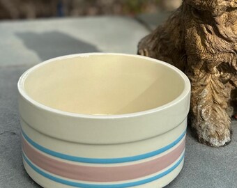 Vintage 1970s McCoy USA 0143 Pottery Lancaster Colony Corporation LCC Pink & Blue Stripe Oven-Safe Soufflé Bowl or Pet Dog Bowl Dish 7.5”