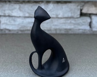 Vintage 1960s MCM Signed Royal Dux Jaroslav Jezek Matte Black Hand-painted Sleek Stylized Porcelain Cat Figure Made in Czechoslovakia 7.4”