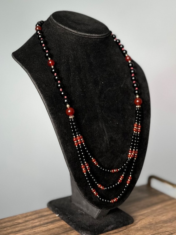 Collier Vintage Perles Vert Onyx Et Cornaline - Longueur 53cm, Style Bohème, Occasion En Bon état