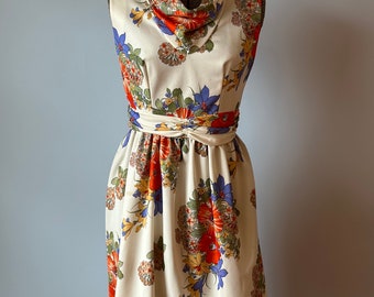 Vintage Midcentury 1970s A Leslie Fay Original for Lord & Taylor Vibrant Floral Cowl Neck Women's Sleeveless Dress