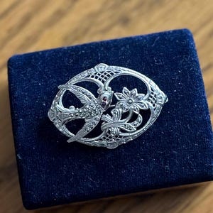 Vintage Sterling Silver & Marcasite Swallow Bird Floral Brooch Art Deco Revival