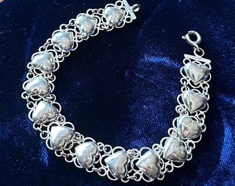 Vintage 925 Sterling Silver Puffy Hearts Open Link Bracelet 7.25"