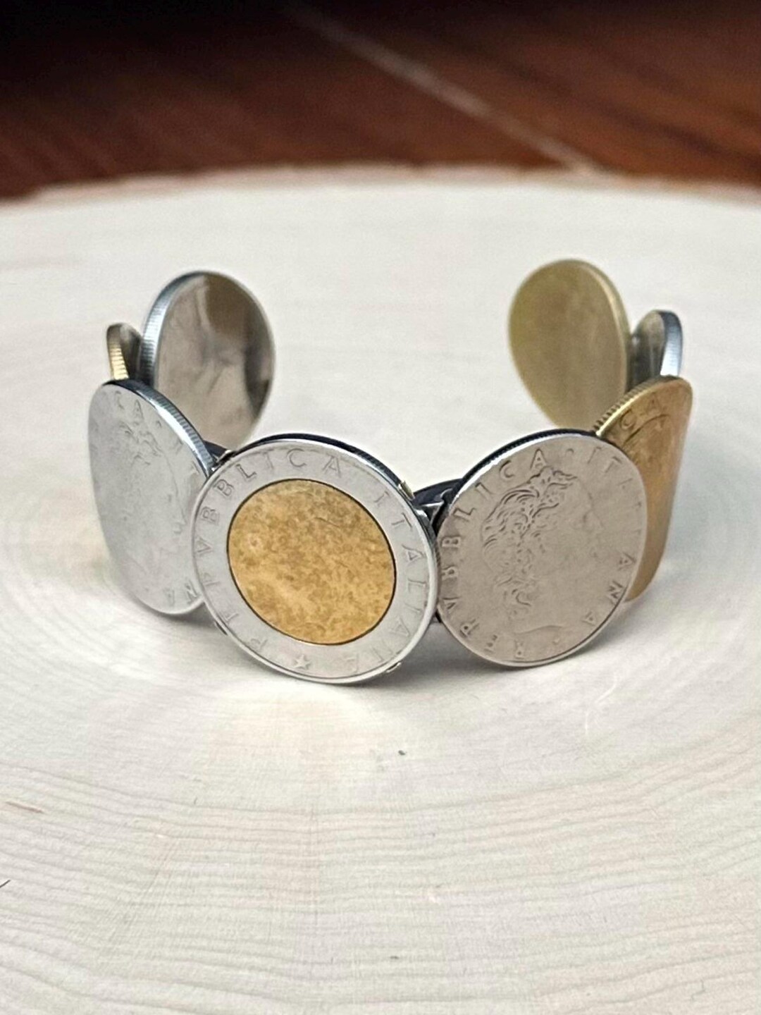 MILOR Italy Stainless Steel & 14K Bezel Italian Lira Coin Hinged