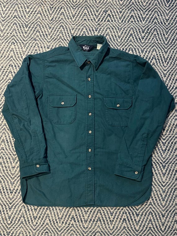 Vintage Circa 1980s WOOLRICH Teal Cotton Flannel Button Long Sleeve Shirt XL Made in USA