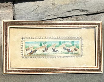 Vintage Circa 1940s Middle Eastern Persian Battle Miniature Painting on Bone in Rectangular Mosaic Inlaid Frame Easel Back