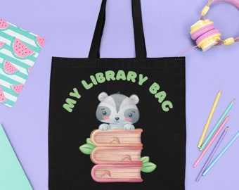 Kids Library Book Bag, Cute Character Tote Bag, Children&#39;s Book Bag, My Library Bag, Reusable Eco Friendly, Back to School Black Bag