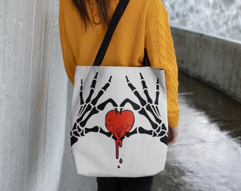 Skeleton Hands and Bloody Heart Tote Bag, Halloween, Creepy, Skull, Riutilizzabile, Market, Grocery, Foldable, Day Of The Dead, Bleeding Heart