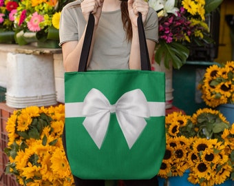 Christmas Bow Gift Bag, Happy Holiday Tote Bag, Cute Xmas Bag, Xmas Gift Giving Idea, Reusable Grocery, Market, Small, Medium, Large