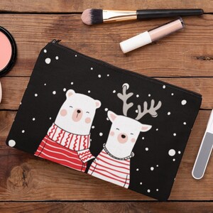 Christmas Cute Animal Pair Bag, Cosmetic Makeup Bag, Pencil Case, Gift Giving Idea, Secret Santa Gift, Happy Holiday Bag, Deer and Bear Pair