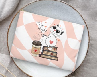 Cats Books & Coffee Zipper Pouch Travel Cosmetic Bag Cute Makeup Case Beauty Cat Mom Aesthetic Pencil Case Bookmark Bag Library Book Club