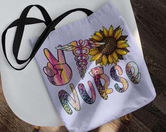 Peace, Love and Nursing Tote Bag, Cheetah Print Colorful Sunflower Cute Gift Bag for Nurse Life, Reusable Grocery Market Bag, Gift Giving