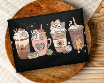 Cat & Coffee Anime Accessory Pouch with Zipper, Makeup Cosmetic Bag, Pencil Case, Travel Toiletry Organizer, Gift for Cat Mom