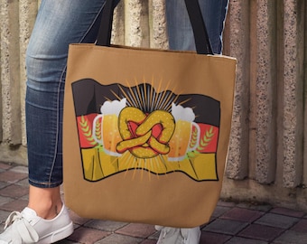 Oktoberfest Tote Bag, Beer & Pretzel Bag, Cute Beer Bag, Reusable Grocery Market Tote, German Flag Party Bag