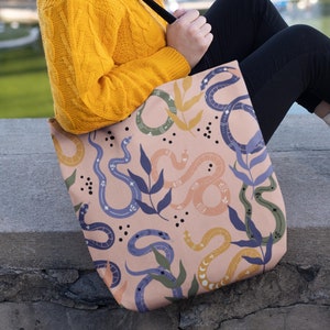 Bolsa de cobra, bolsa de ombro com estampa de réptil, presente para amantes de serpentes, estética de bolsa reutilizável, estética de bruxa, leitora de cartas de tarô, terceiro olho