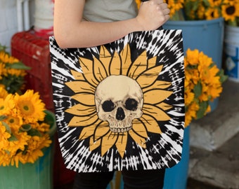 Day of the Dead Sunflower Skull Tote Bag, Halloween, Reusable Grocery Market Bag, Trick or Treat Candy Bag, Tie Dye Bag, Spooky Season
