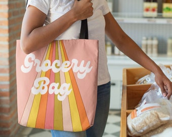 Retro Groovy Grocery Tote Bag, Reusable Market Bag, Shopping Bag, Eco Friendly, Gift Idea, Rainbow, Cute, Foldable, Durable