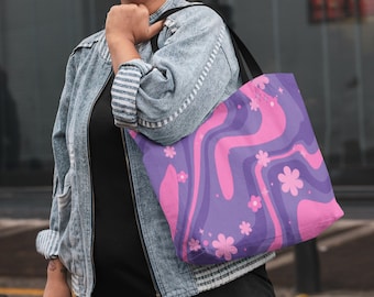 Retro Inspired Nostalgic Groovy Print Tote Bag Reusable Tote Bag Grocery Shopping Market Tote Girly Aesthetic 90s Retro Glam Bag Gift