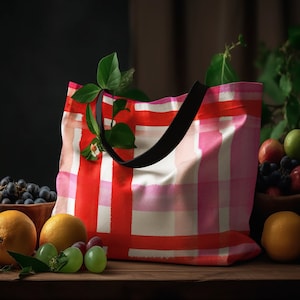 Pink & Red Plaid Tote Bag Reusable Tote Bag Grocery Shopping Market Tote Plaid Aesthetic Everyday Bag Foldable Stylish Eco Friendly Tote Bag