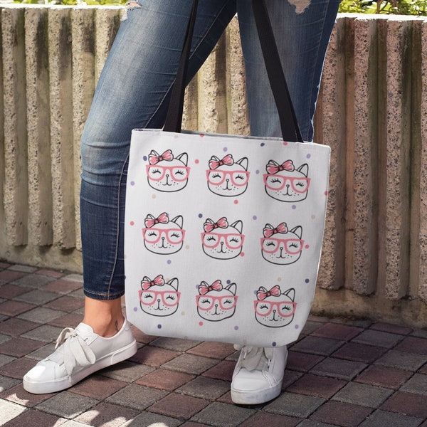 Cute Cat Lovers Tote Bag Cat Mom Aesthetic Reusable Market Grocery Shopping Bag Smart Cat Wearing Glasses Hipster Kawaii Kitty Accessory