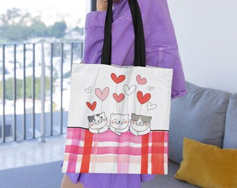 Anime Cat Plaid Tote Bag Reusable Tote Bag Grocery Shopping Market Tote Cat Mom Aesthetic Valentines Gift for Cat Lover Enthusiasts