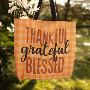 May include: Orange and white checkered tote bag with black straps. The bag has the text "thankful grateful blessed" printed on it.